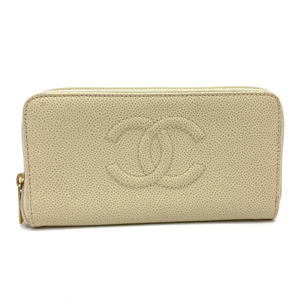 CHANEL A13228 CC Coco Mark Round Zipper Long Wallet in Caviar Leather, Beige