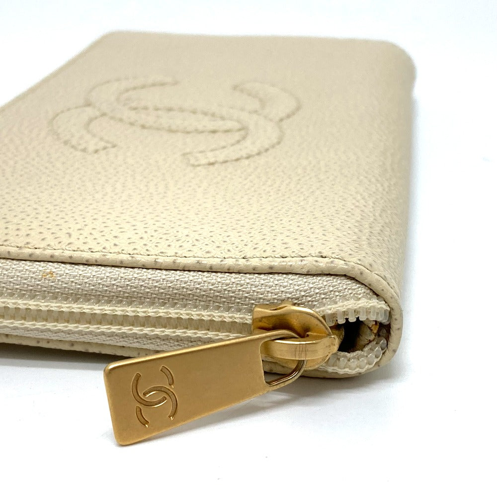 CHANEL A13228 CC Coco Mark Round Zipper Long Wallet in Caviar Leather, Beige