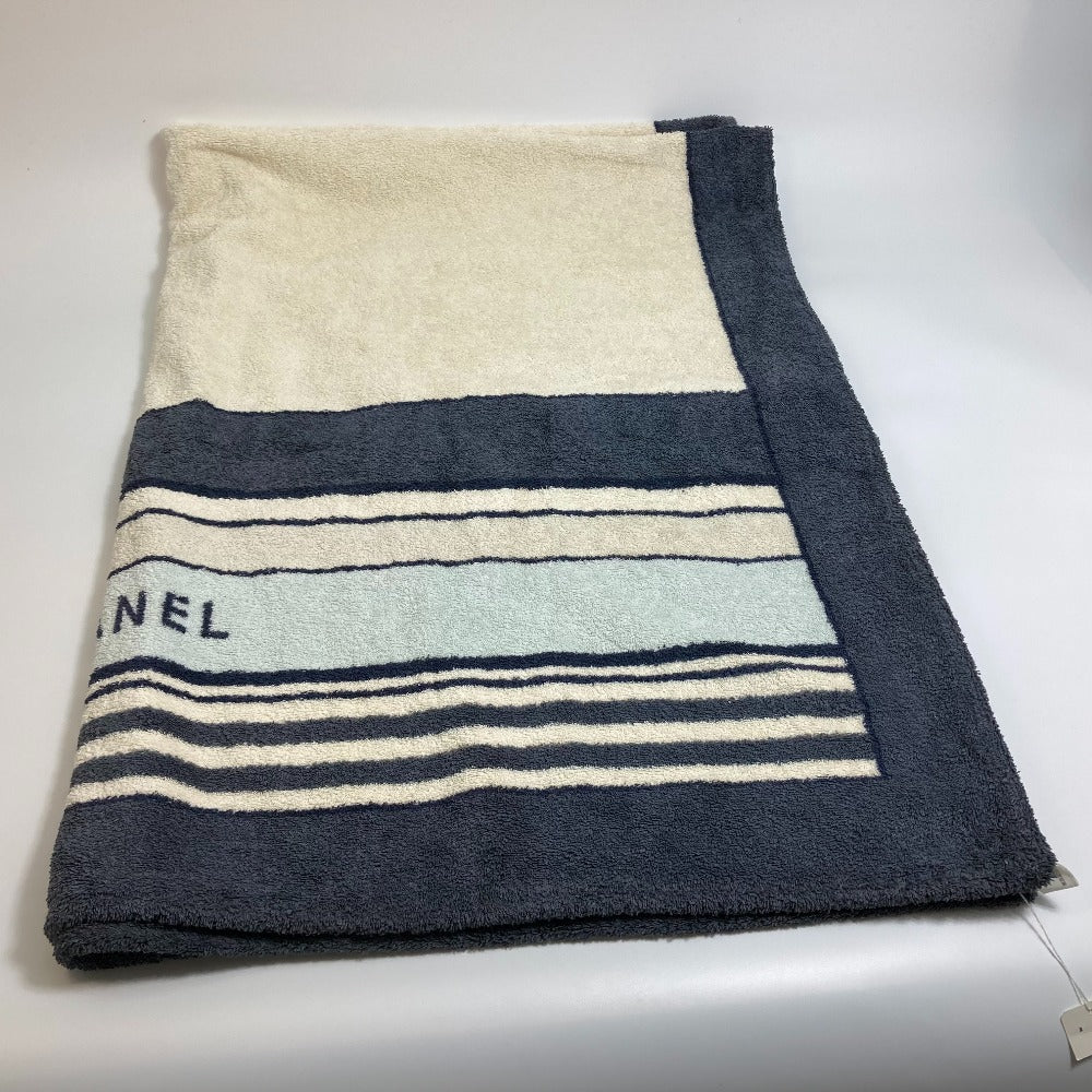 CHANEL Striped Bath Towel, Daily Necessities, Interior Decor, Beach Towel, Cotton, Unisex, Ivory and Blue
