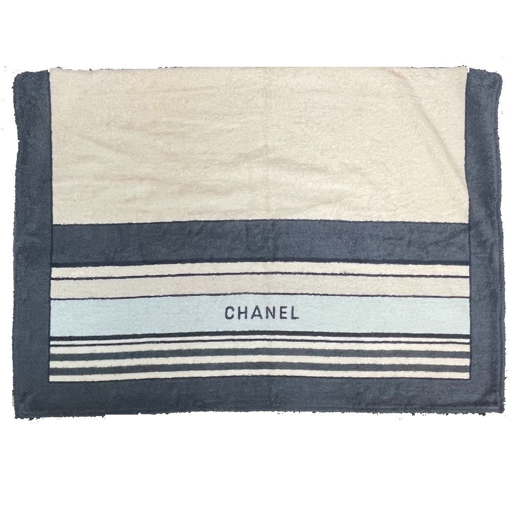 CHANEL Striped Bath Towel, Daily Necessities, Interior Decor, Beach Towel, Cotton, Unisex, Ivory and Blue