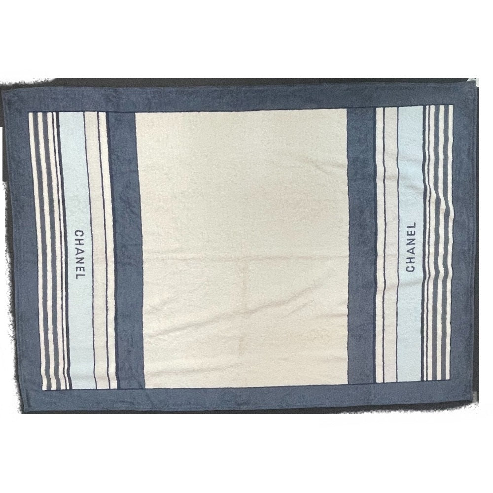 CHANEL Striped Bath Towel, Daily Necessities, Interior Decor, Beach Towel, Cotton, Unisex, Ivory and Blue
