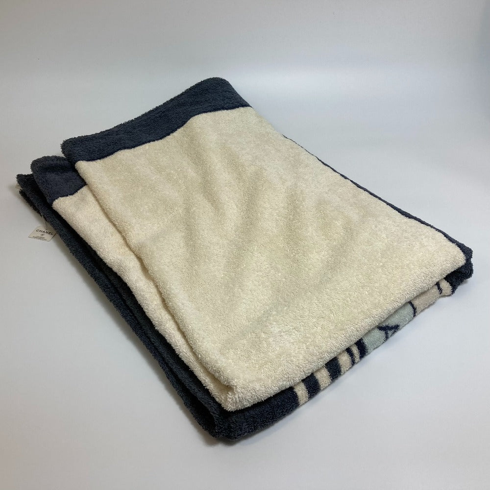CHANEL Striped Bath Towel, Daily Necessities, Interior Decor, Beach Towel, Cotton, Unisex, Ivory and Blue