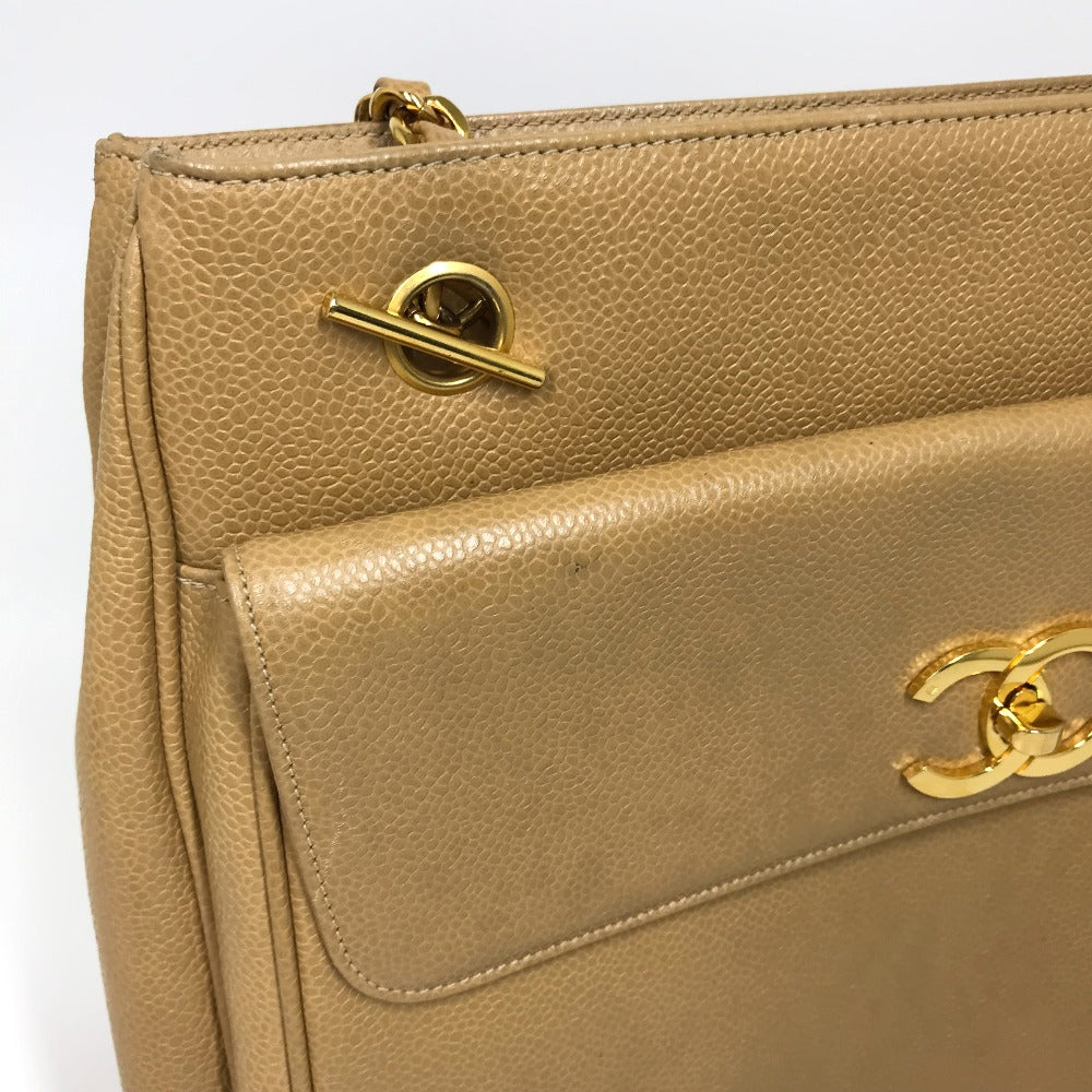 CHANEL CC Coco Mark Chain Tote Bag, Shoulder Bag, Caviar Leather, Beige