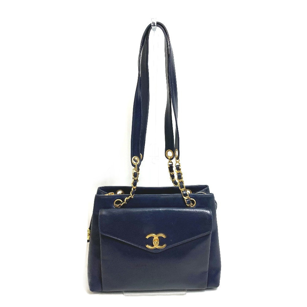 CHANEL CC Coco Mark Coco Ball Chain Tote Bag Shoulder Bag Lambskin Women's Navy