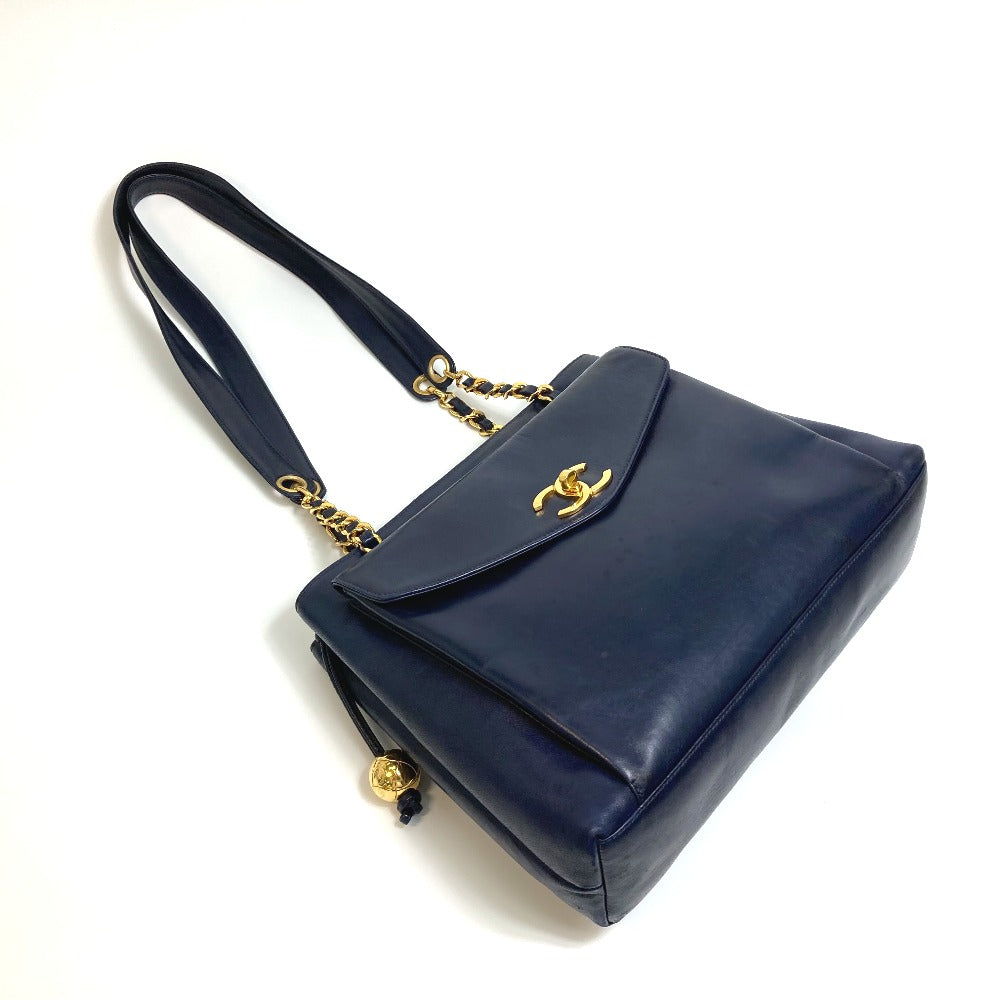 CHANEL CC Coco Mark Coco Ball Chain Tote Bag Shoulder Bag Lambskin Women's Navy