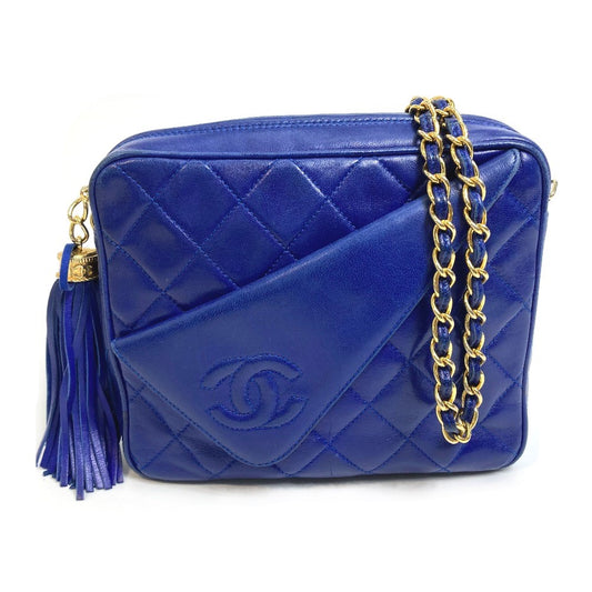 CHANEL ココマーク CC マトラッセ フリンジ カバン 肩掛け ショルダーバッグ ラムスキン レディース ブルー