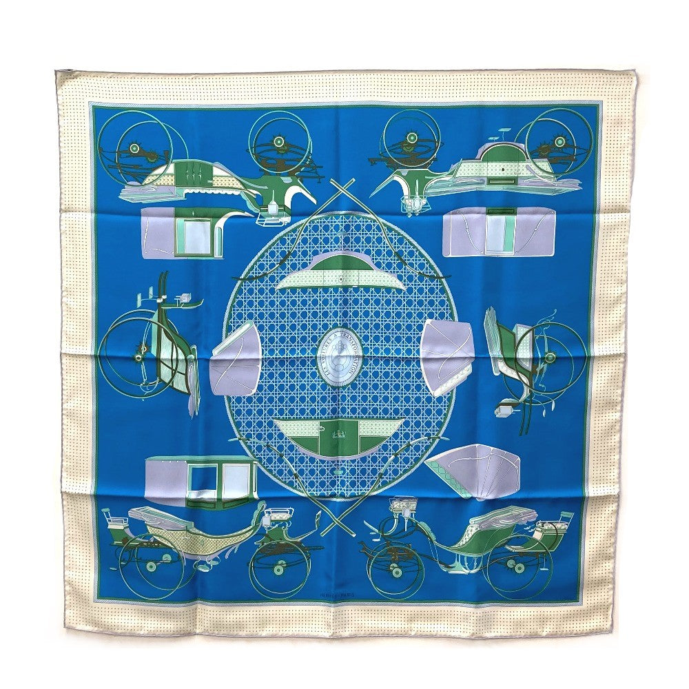 HERMES LA PERRIERE Carriage Carré 90 Silk Scarf Women's Blue/Green/Ivory