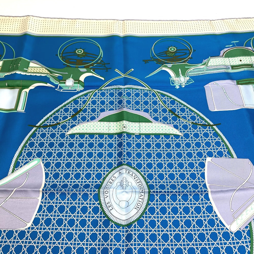 HERMES LA PERRIERE Carriage Carré 90 Silk Scarf Women's Blue/Green/Ivory