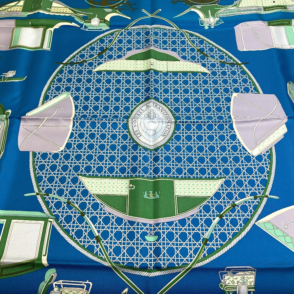 HERMES LA PERRIERE Carriage Carré 90 Silk Scarf Women's Blue/Green/Ivory
