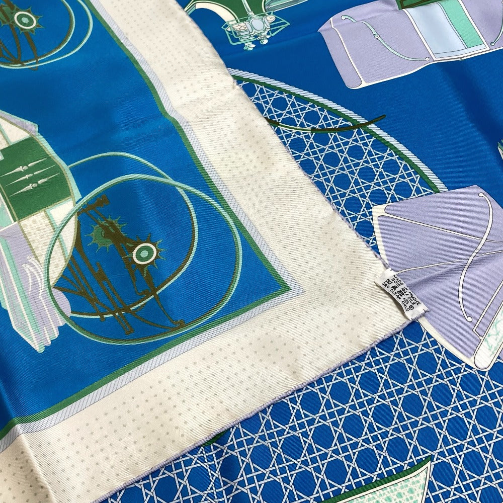 HERMES LA PERRIERE Carriage Carré 90 Silk Scarf Women's Blue/Green/Ivory