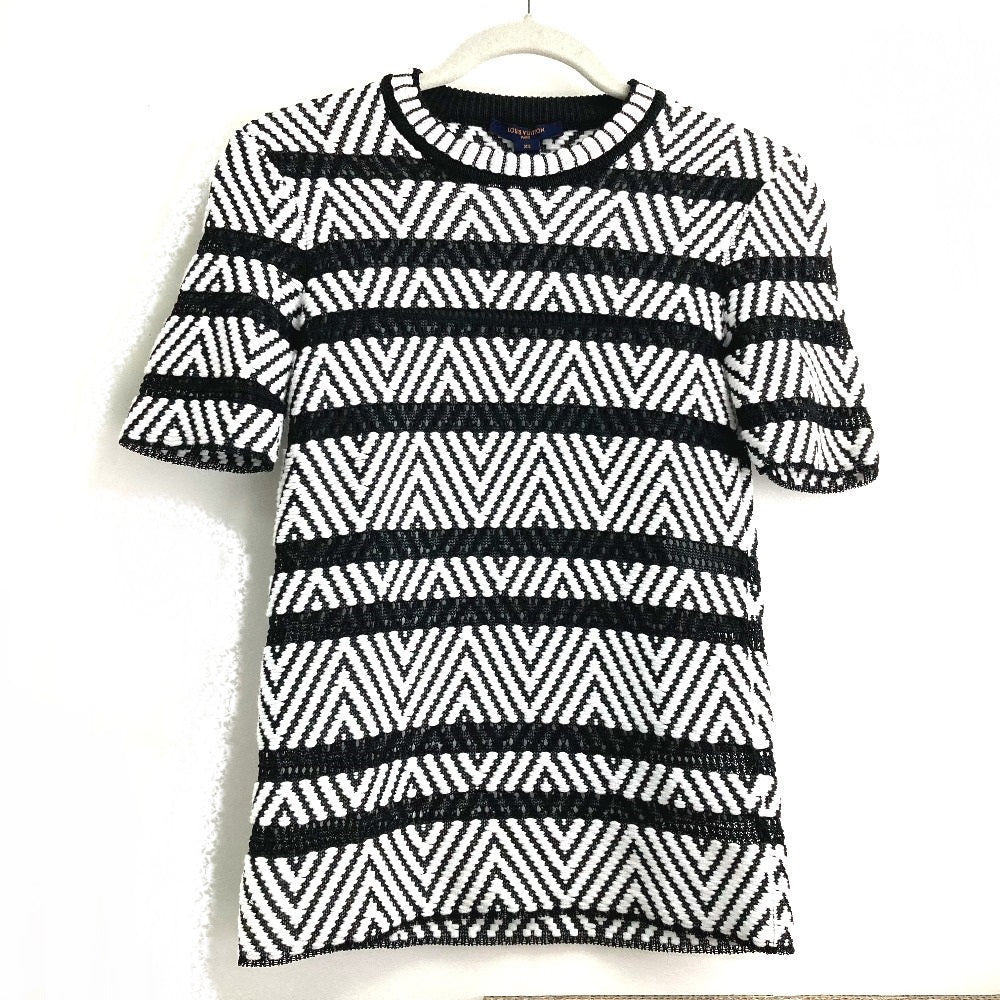 LOUIS VUITTON 1A3XJH Chevron Stitch Jacquard Pullover Top, Cotton Knit, Women's, White/Black