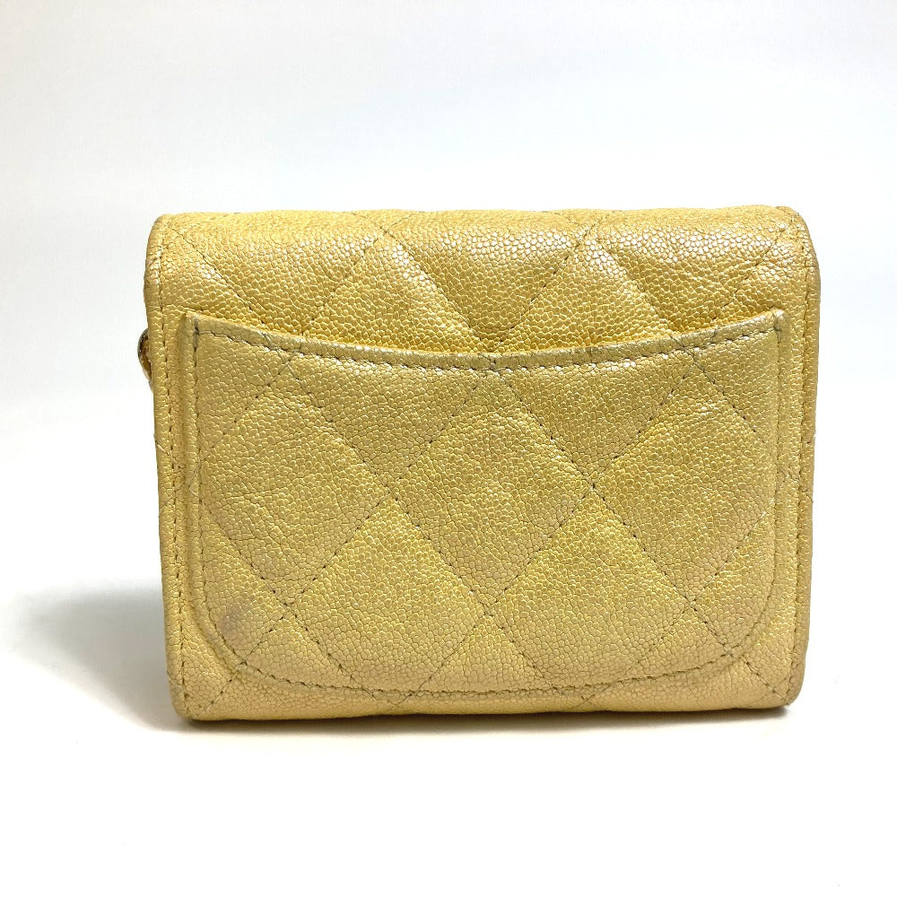 CHANEL AP0238 CCココマーク マトラッセ チェーンウォレット コインケース キャビアスキン レディース メタリックイエロー