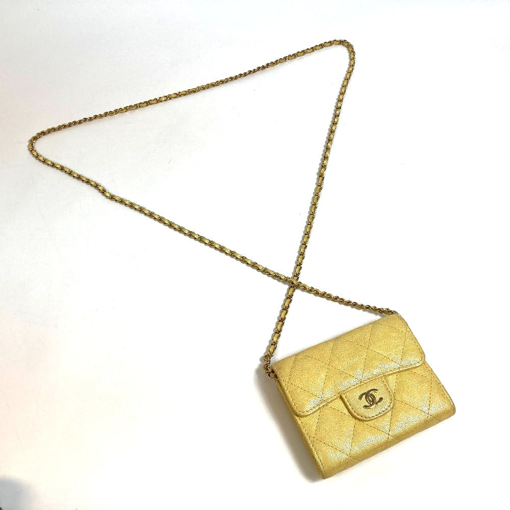 CHANEL AP0238 CCココマーク マトラッセ チェーンウォレット コインケース キャビアスキン レディース メタリックイエロー