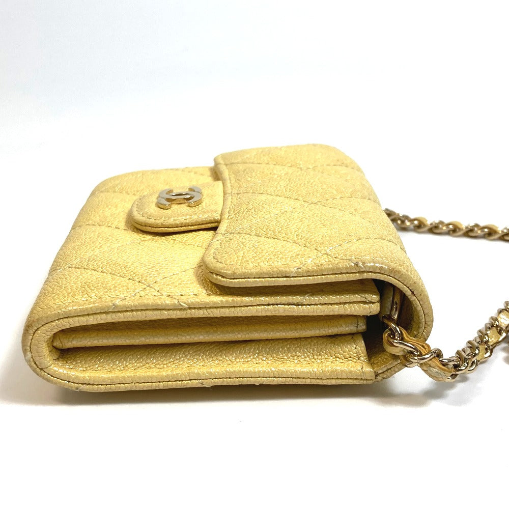 CHANEL AP0238 CCココマーク マトラッセ チェーンウォレット コインケース キャビアスキン レディース メタリックイエロー