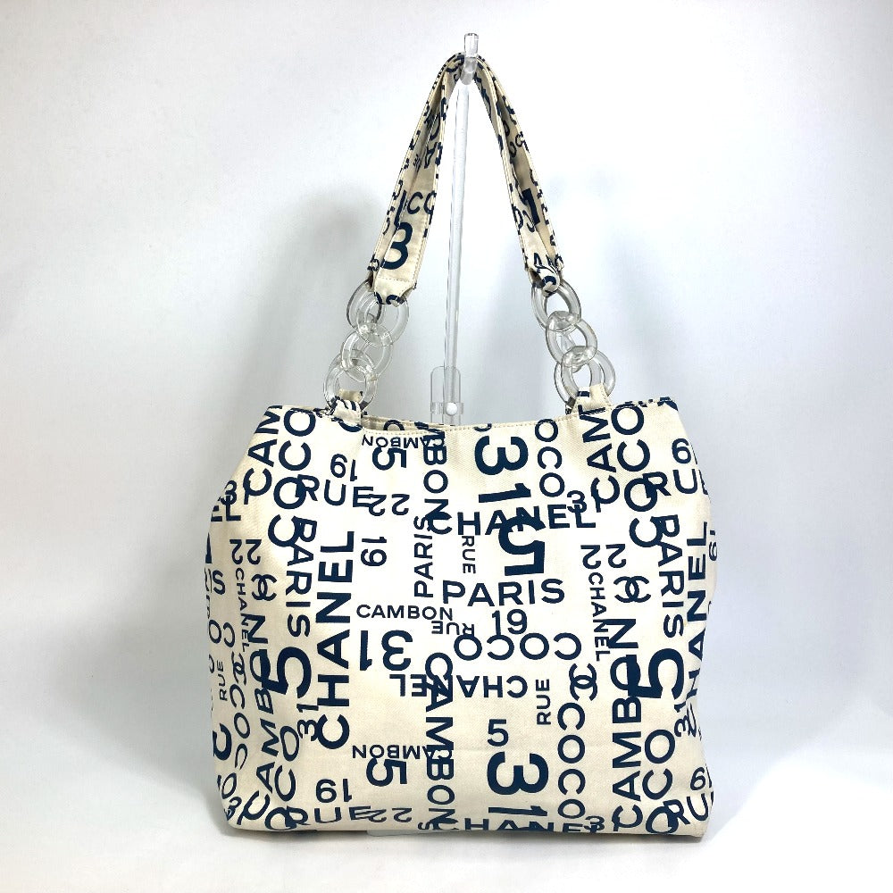 CHANEL Bysee CC Coco Mark Clear Chain Shoulder Tote Bag Canvas Women's White x Navy