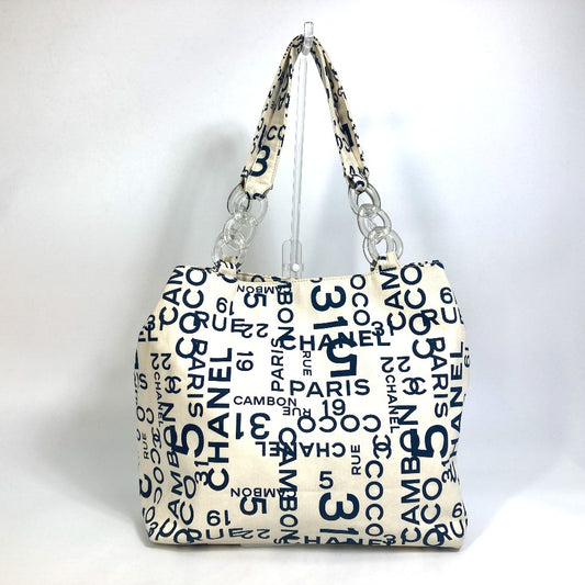CHANEL バイシー CCココマーク クリアチェーン カバン 肩掛け トートバッグ キャンバス レディース ホワイト×ネイビー