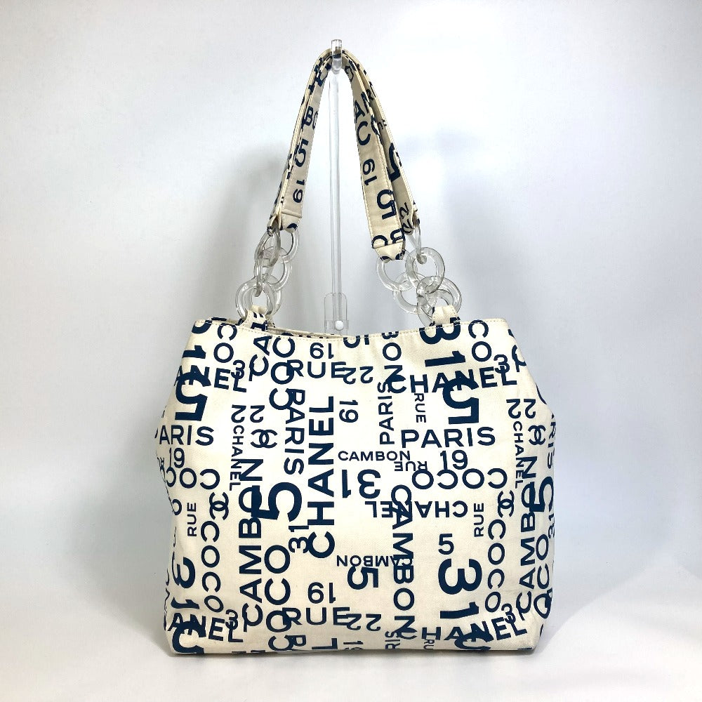 CHANEL Bysee CC Coco Mark Clear Chain Shoulder Tote Bag Canvas Women's White x Navy