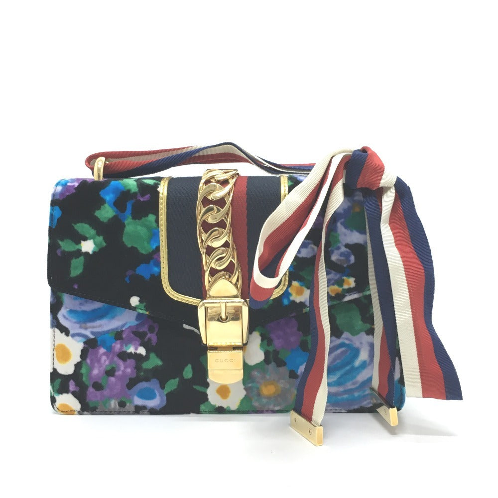 GUCCI 421882 Floral Sylvie Small Ribbon Shoulder Bag in Velour/Leather, Multicolor