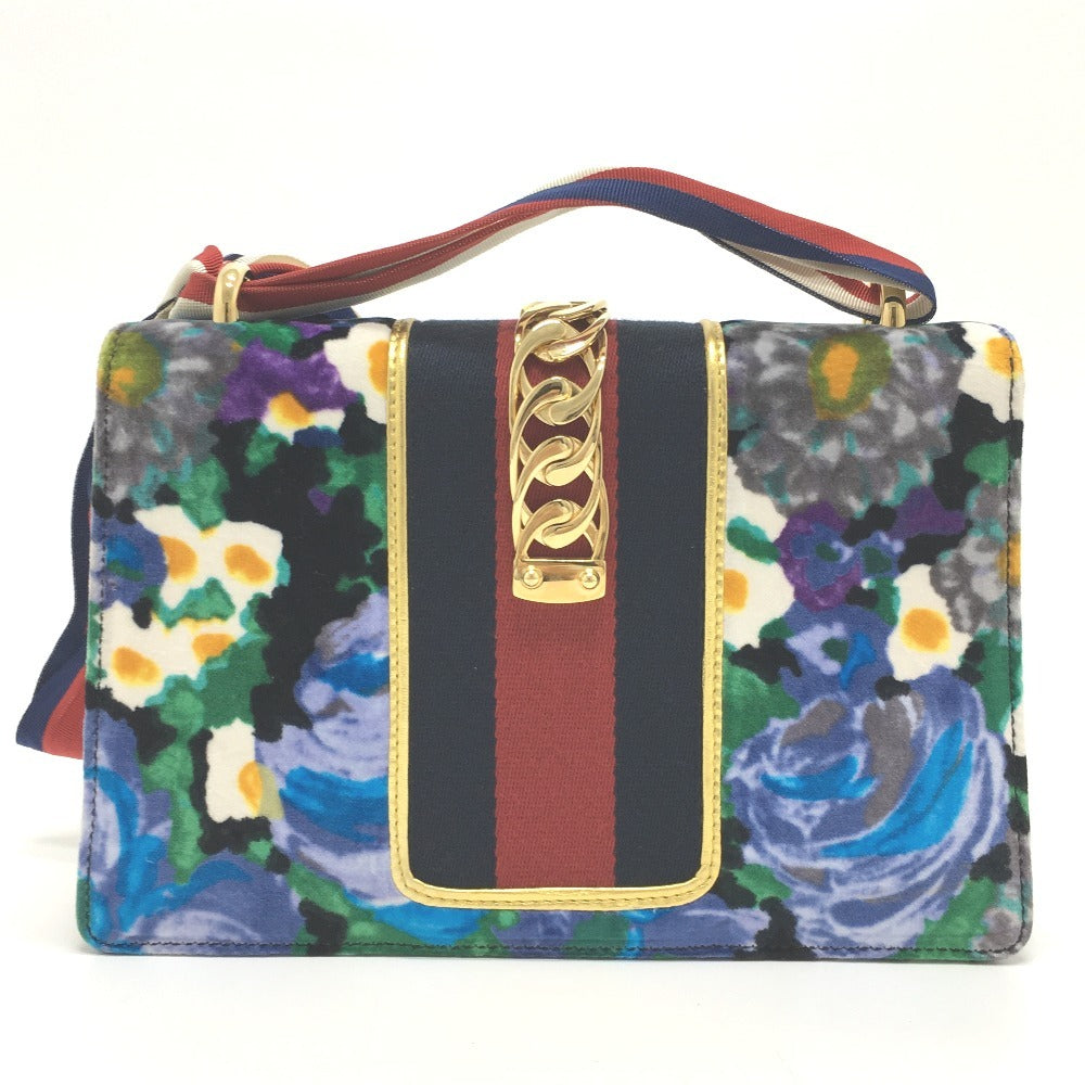 GUCCI 421882 Floral Sylvie Small Ribbon Shoulder Bag in Velour/Leather, Multicolor