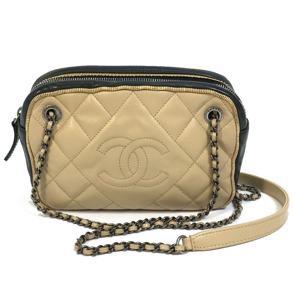CHANEL CC ココマーク バレリーヌ カバン チェーン ショルダーバッグ カーフレザー レディース ベージュ×ブラック