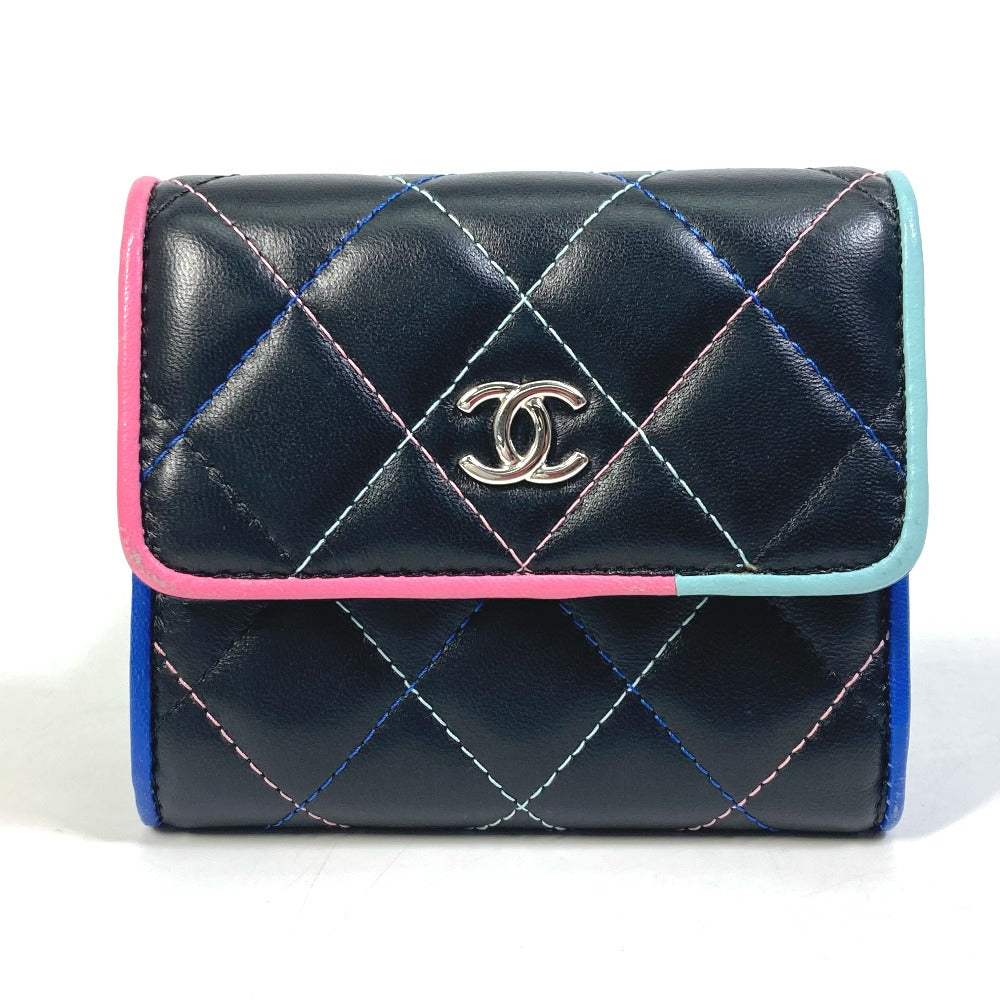 CHANEL CC Coco Mark Small Flap Compact Wallet, Tri-fold Lambskin, Women's, Black