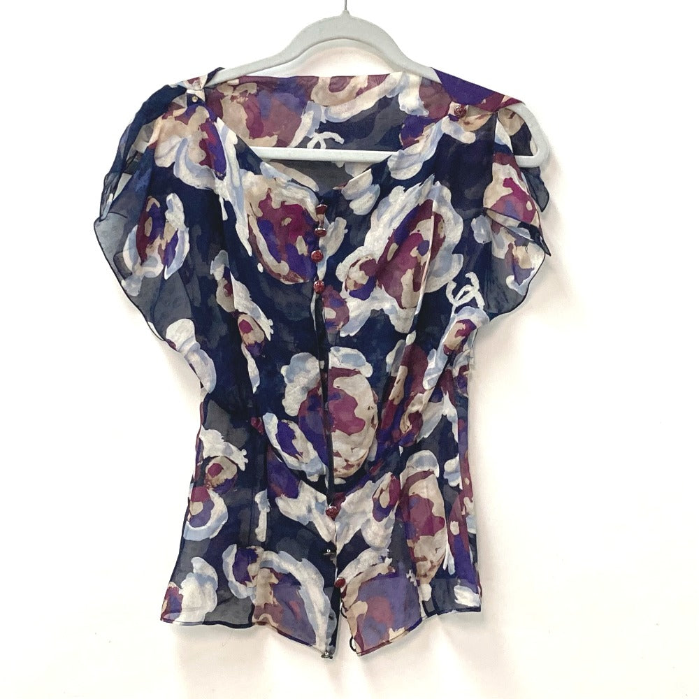 CHANEL P37278 Sheer Short Sleeve Coco Mark CC Camellia Button Top Apparel Silk Blouse Women's Multicolor