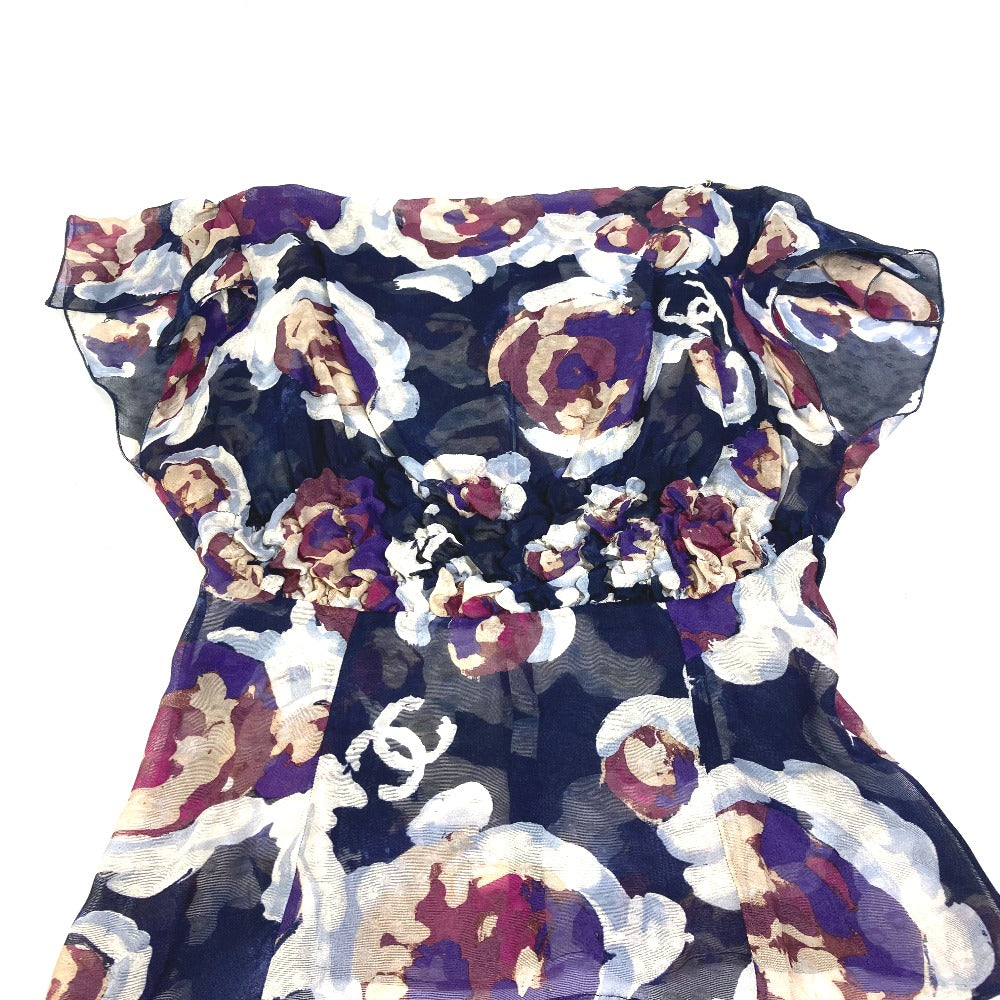 CHANEL P37278 Sheer Short Sleeve Coco Mark CC Camellia Button Top Apparel Silk Blouse Women's Multicolor