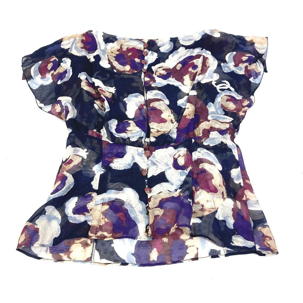 CHANEL P37278 Sheer Short Sleeve Coco Mark CC Camellia Button Top Apparel Silk Blouse Women's Multicolor