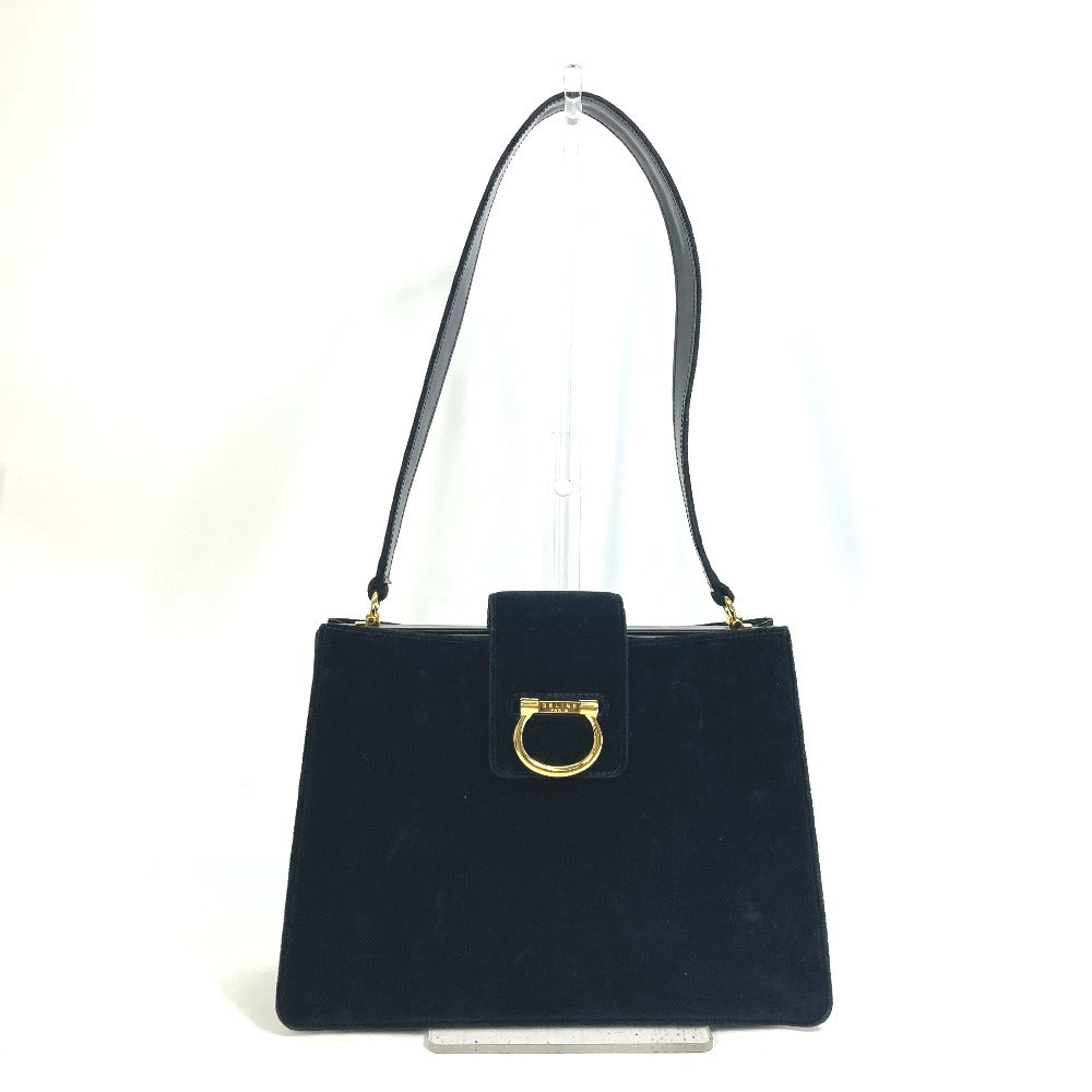 CELINE Vintage Clasp Shoulder Bag in Velour/Leather, Black