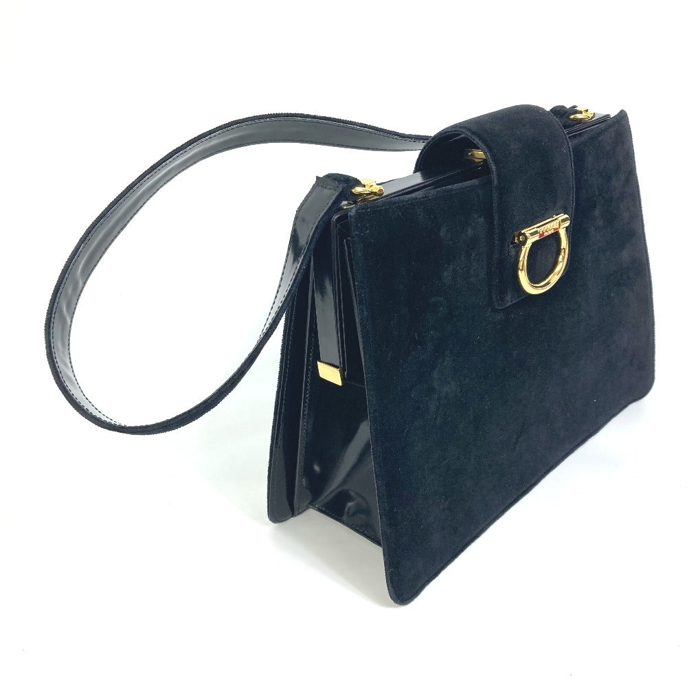 CELINE Vintage Clasp Shoulder Bag in Velour/Leather, Black