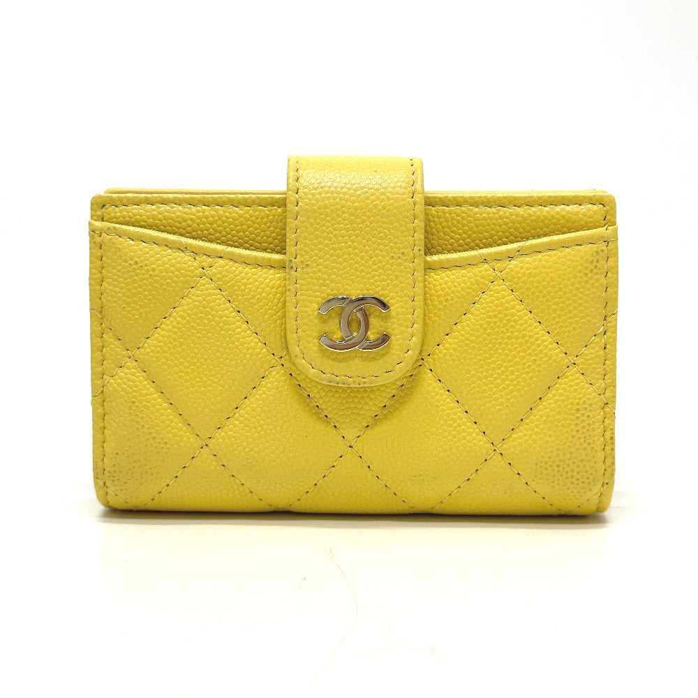 CHANEL AP1991 CC Coco Mark Classic Small Wallet, Card Case, Coin Case, Caviar Leather, Women's, Yellow