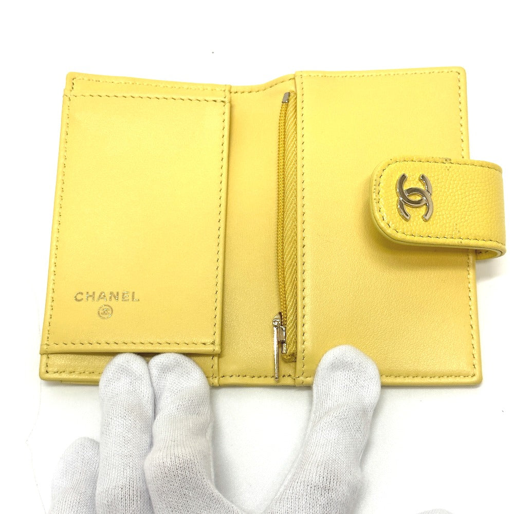 CHANEL AP1991 CC Coco Mark Classic Small Wallet, Card Case, Coin Case, Caviar Leather, Women's, Yellow