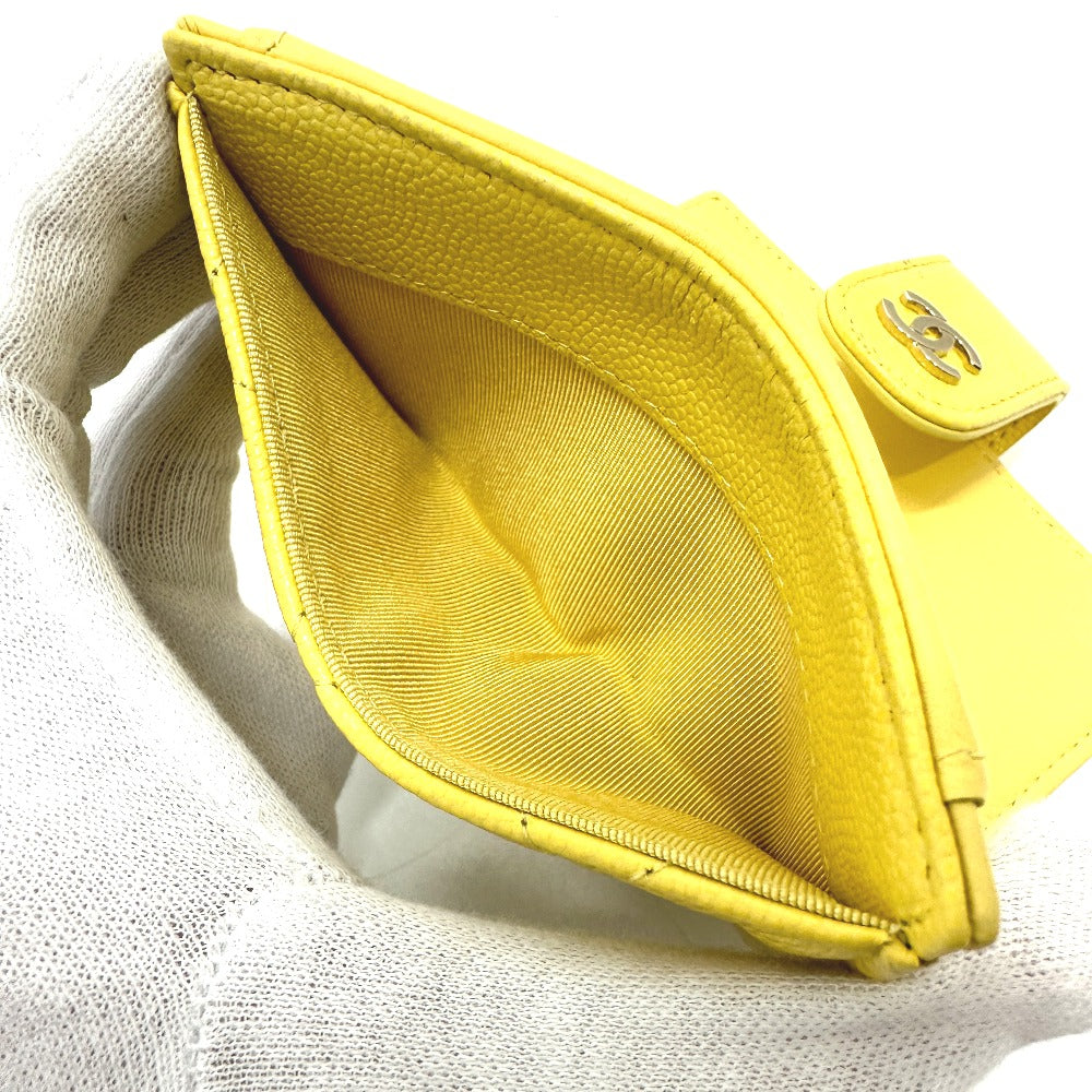 CHANEL AP1991 CC Coco Mark Classic Small Wallet, Card Case, Coin Case, Caviar Leather, Women's, Yellow