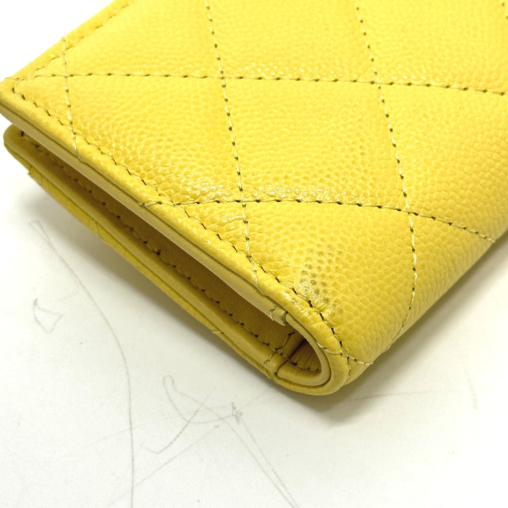 CHANEL AP1991 CC Coco Mark Classic Small Wallet, Card Case, Coin Case, Caviar Leather, Women's, Yellow