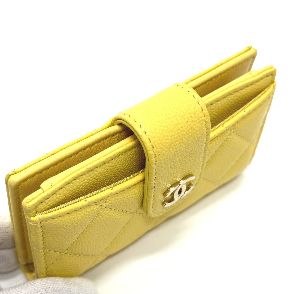 CHANEL AP1991 CC Coco Mark Classic Small Wallet, Card Case, Coin Case, Caviar Leather, Women's, Yellow