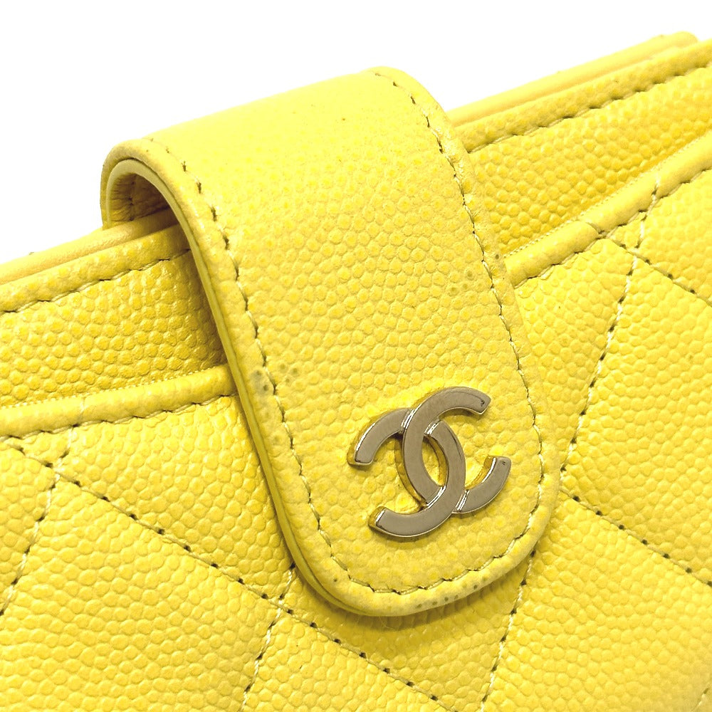 CHANEL AP1991 CC Coco Mark Classic Small Wallet, Card Case, Coin Case, Caviar Leather, Women's, Yellow