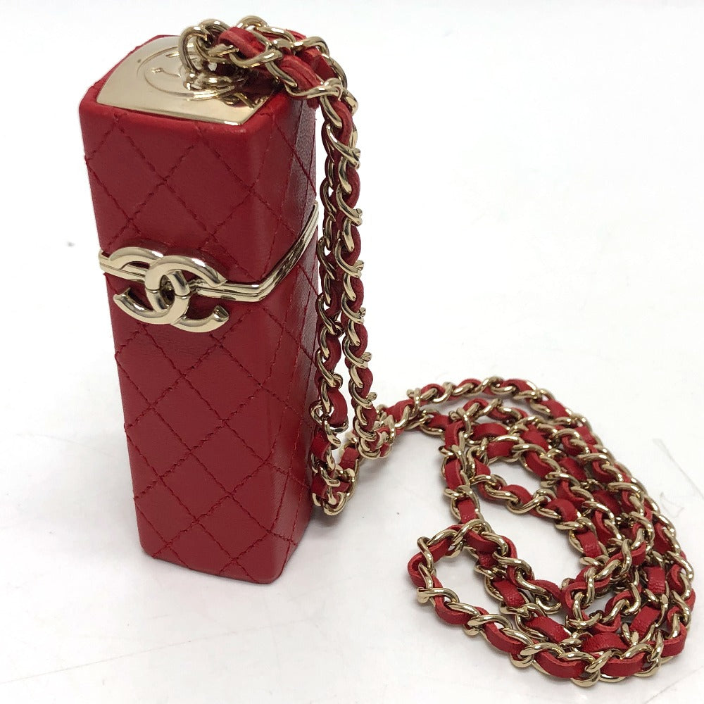 CHANEL Coco Mark CC Lip Case Chain Shoulder Bag Leather Women's Red