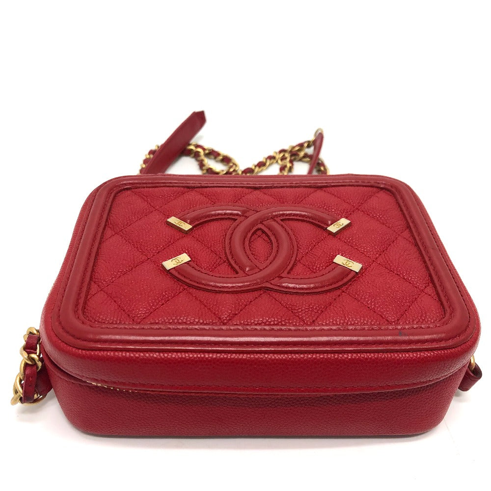 CHANEL A84452 CC Filigree Matelasse Chain Mini Shoulder Bag in Caviar Leather, Red