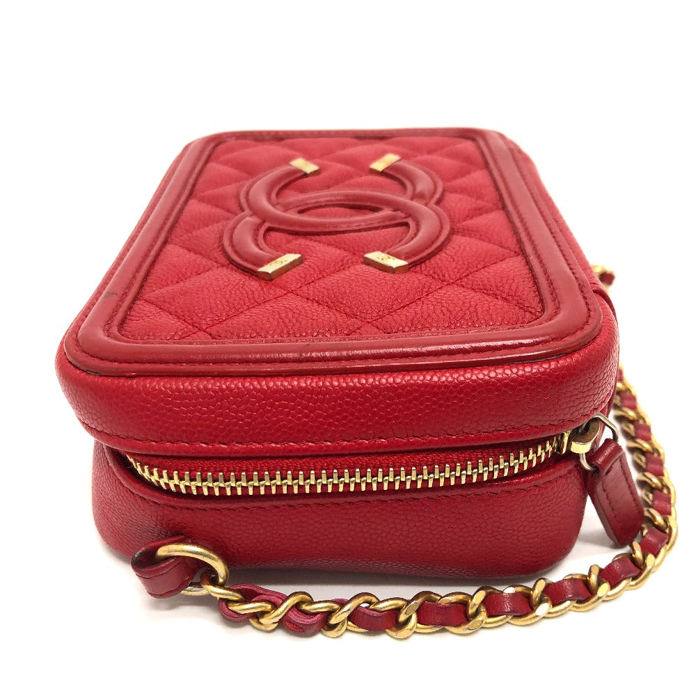 CHANEL A84452 CC Filigree Matelasse Chain Mini Shoulder Bag in Caviar Leather, Red