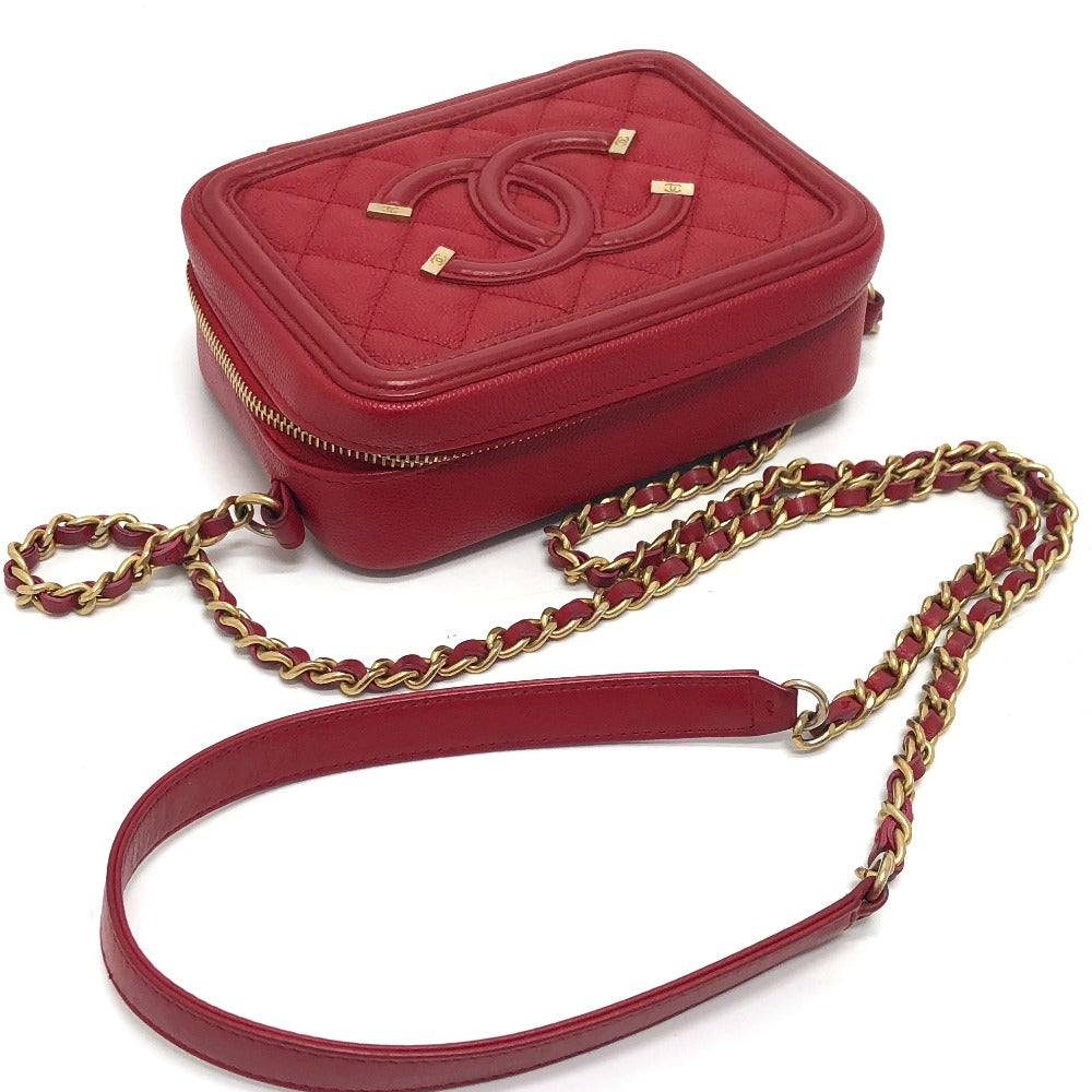 CHANEL A84452 CC Filigree Matelasse Chain Mini Shoulder Bag in Caviar Leather, Red