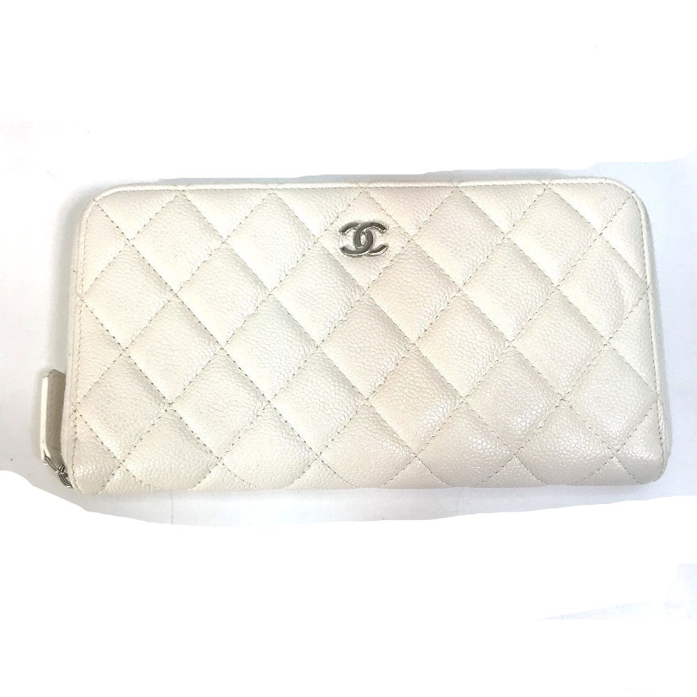 CHANEL A50097 Matelasse CC Coco Mark Round Zip Quilted Wallet Long Wallet Caviar Leather Women's White