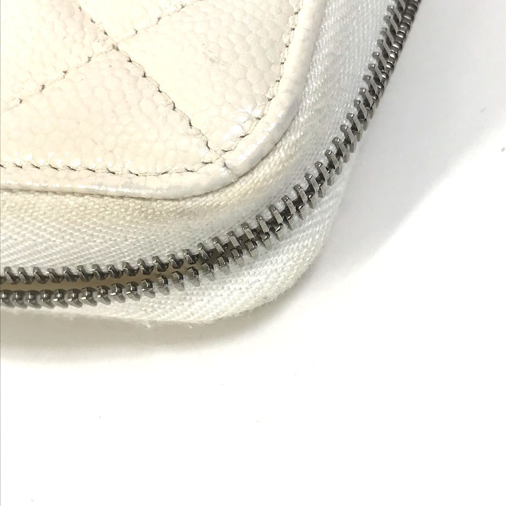 CHANEL A50097 Matelasse CC Coco Mark Round Zip Quilted Wallet Long Wallet Caviar Leather Women's White
