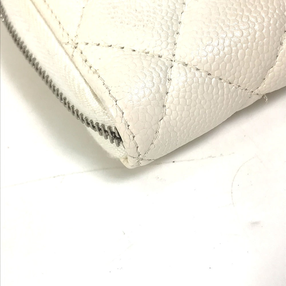 CHANEL A50097 Matelasse CC Coco Mark Round Zip Quilted Wallet Long Wallet Caviar Leather Women's White