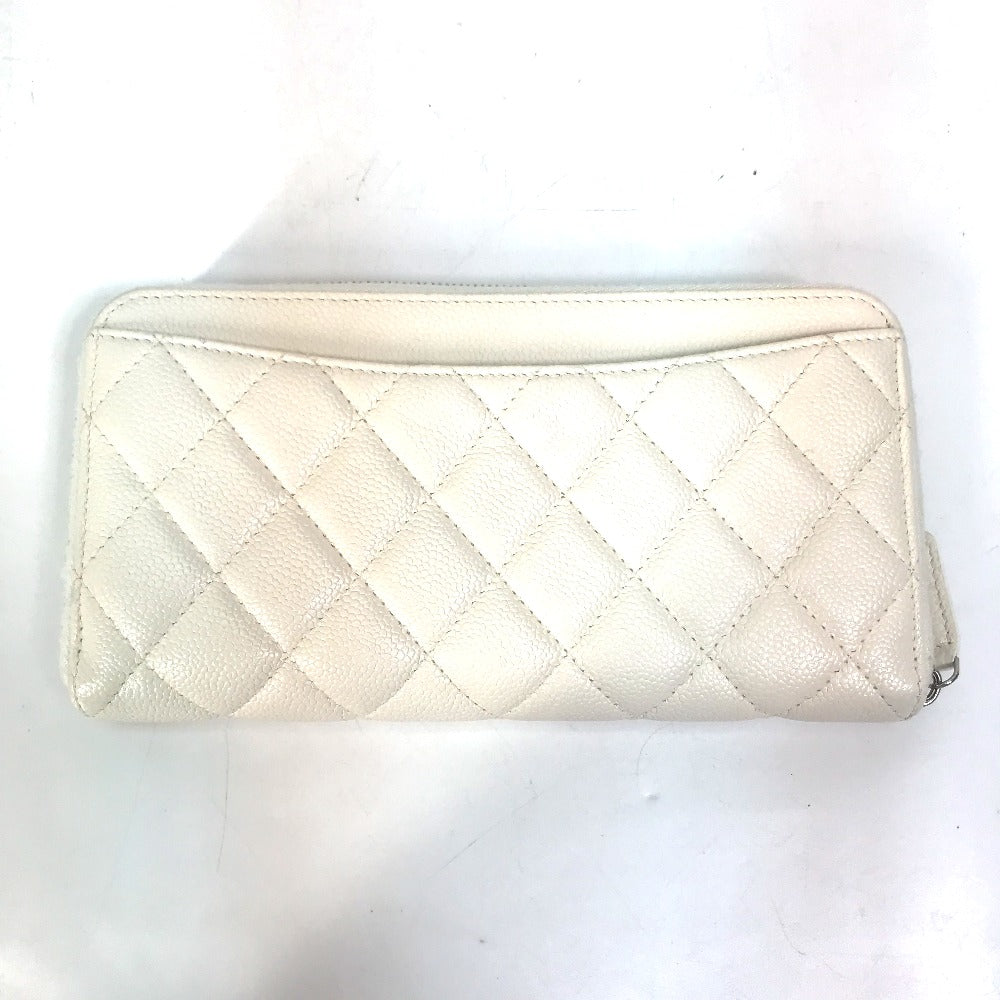CHANEL A50097 Matelasse CC Coco Mark Round Zip Quilted Wallet Long Wallet Caviar Leather Women's White