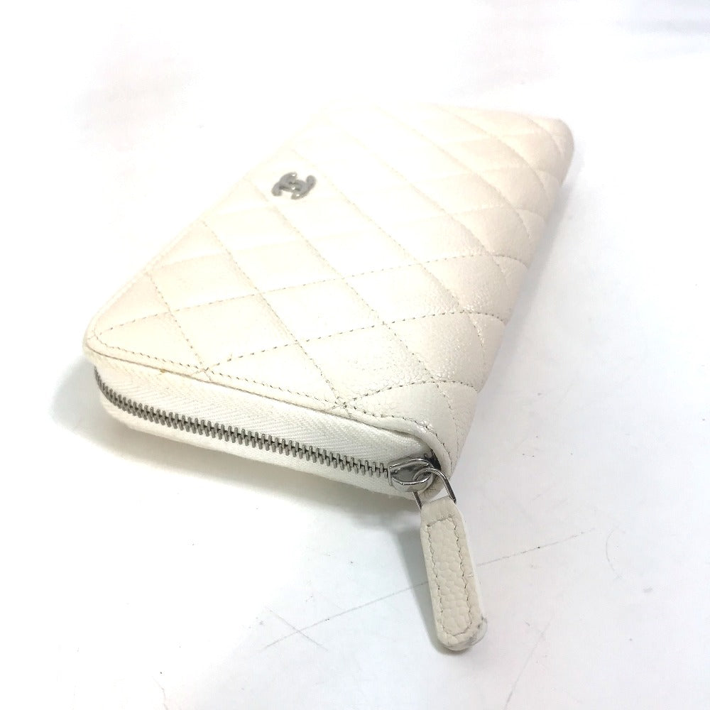 CHANEL A50097 Matelasse CC Coco Mark Round Zip Quilted Wallet Long Wallet Caviar Leather Women's White