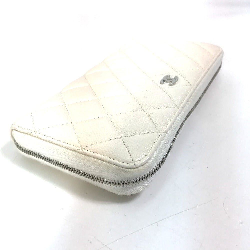 CHANEL A50097 Matelasse CC Coco Mark Round Zip Quilted Wallet Long Wallet Caviar Leather Women's White