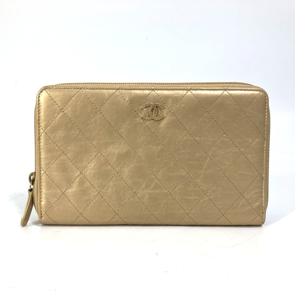 CHANEL Coco Mark CC Matelasse Quilted Round Zip Long Wallet in Calfskin, Gold