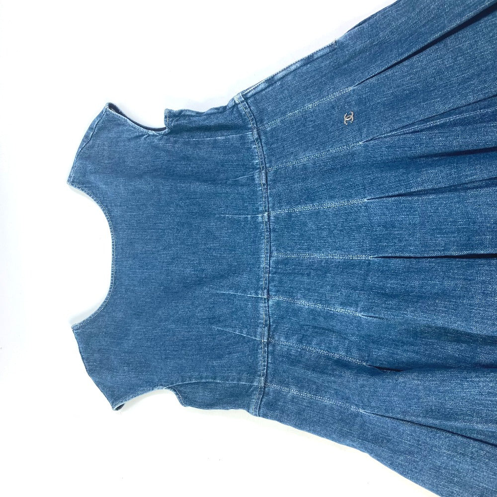 CHANEL P29999 Apparel Sleeveless 07C Coco Mark CC Denim Dress, Cotton, Women's, Blue