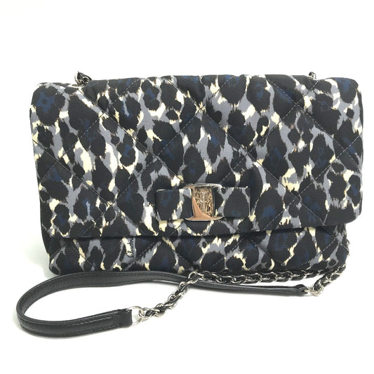 Salvatore Ferragamo E834 ヴァラ リボン レオパード チェーン ショルダーバッグ ナイロン/レザー レディース ブラック
