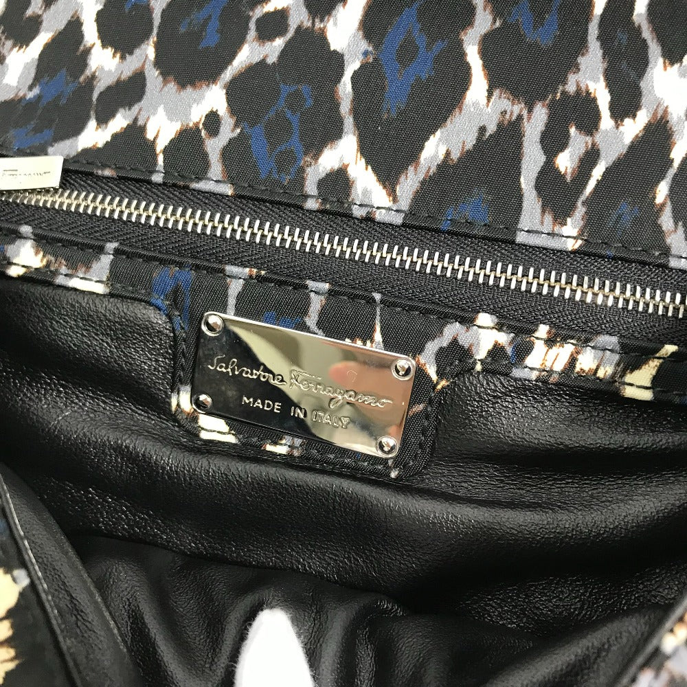 Salvatore Ferragamo E834 Vara Ribbon Leopard Chain Shoulder Bag in Nylon/Leather, Black